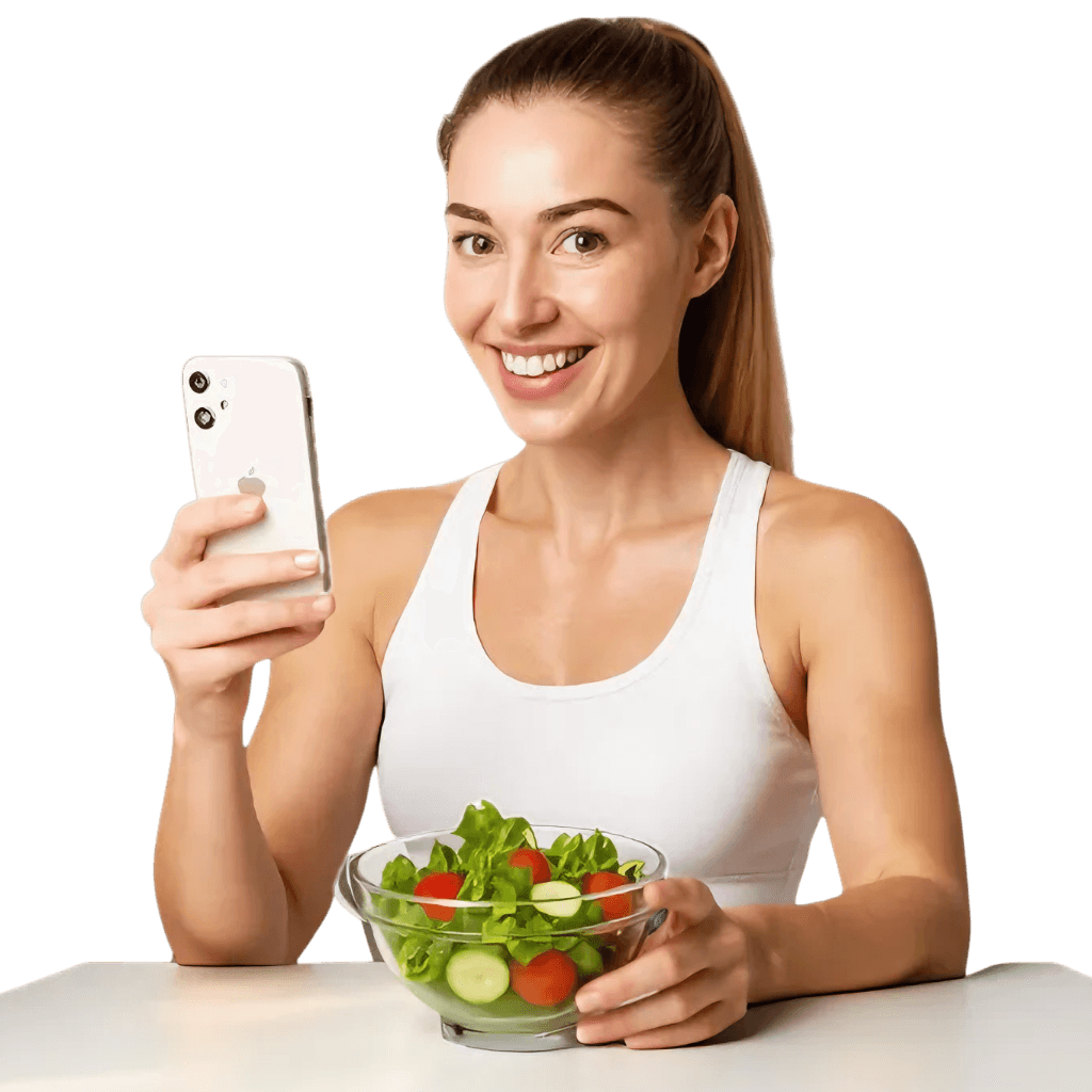 A woman managing her diabetes with the DiabetesPlateScan app
